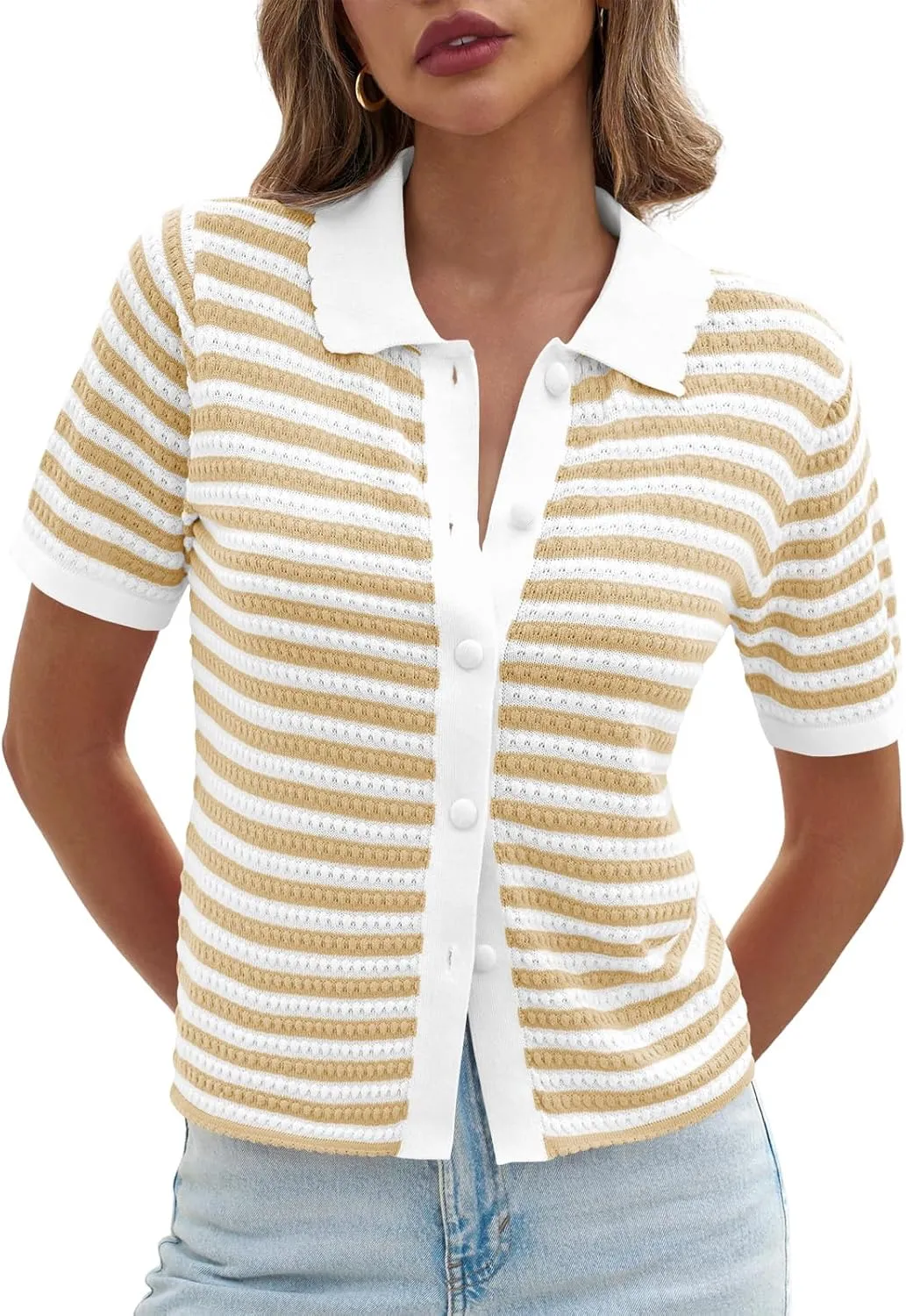 Saodimallsu Womens Striped Short Sleeve Sweater Tops Polo Collared Button Crochet Summer Cropped Cardigan