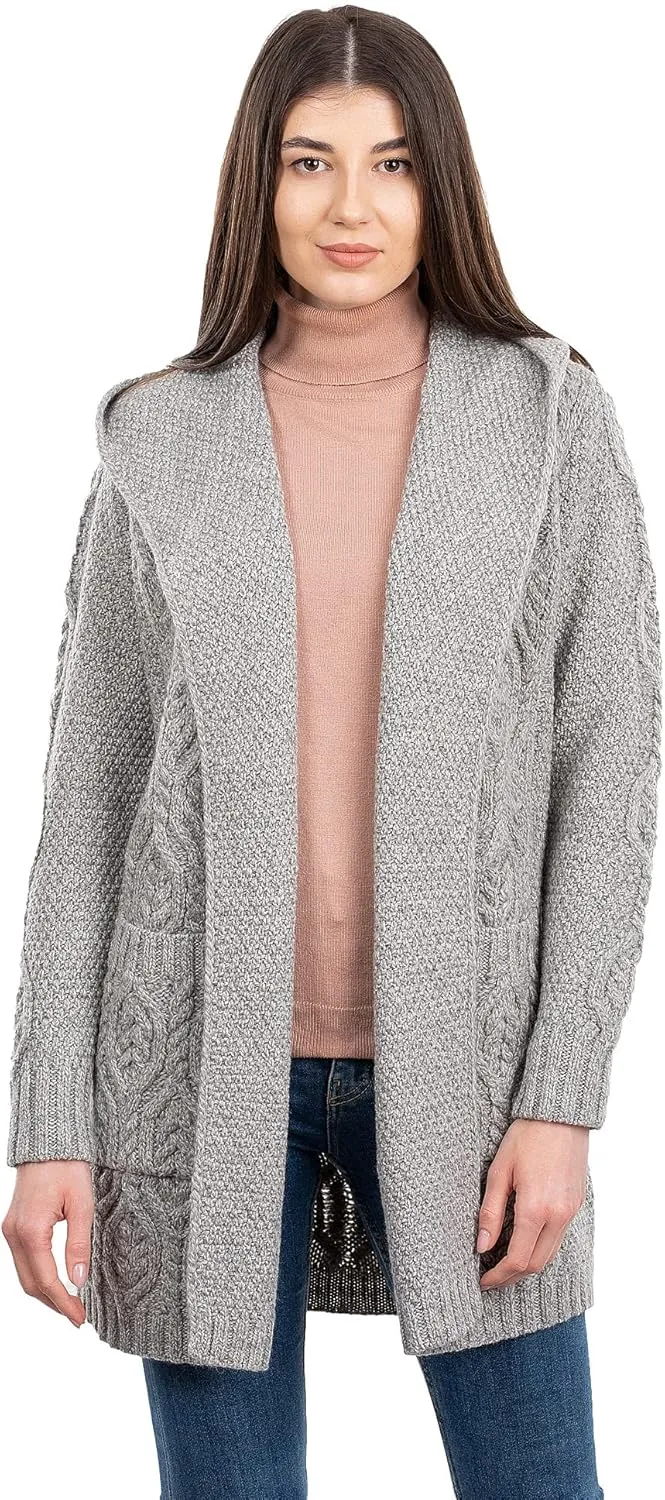 SAOL 100% Merino Wool Ladies Irish Classic Fit Long Cardigan with Hood