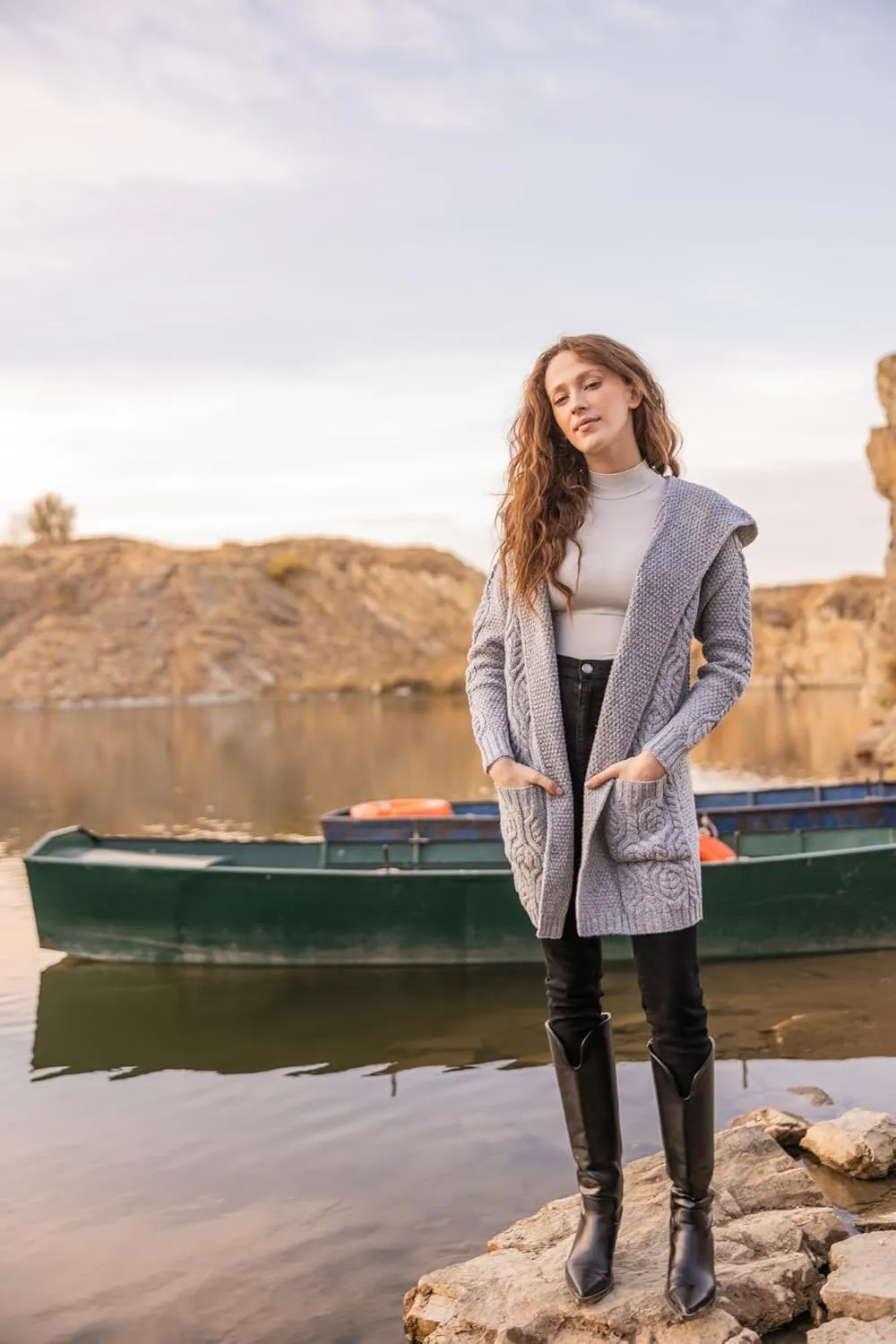 SAOL 100% Merino Wool Ladies Irish Classic Fit Long Cardigan with Hood
