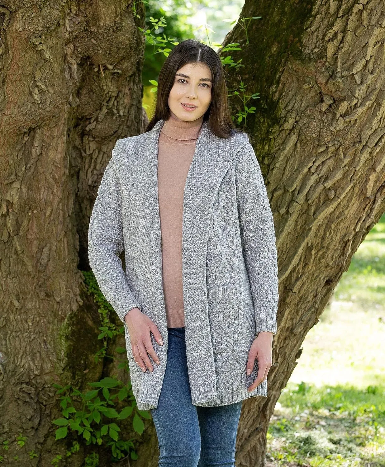 SAOL 100% Merino Wool Ladies Irish Classic Fit Long Cardigan with Hood