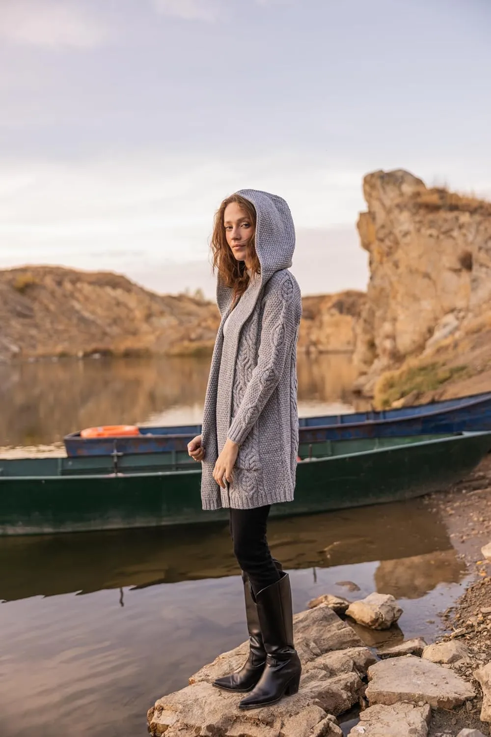 SAOL 100% Merino Wool Ladies Irish Classic Fit Long Cardigan with Hood