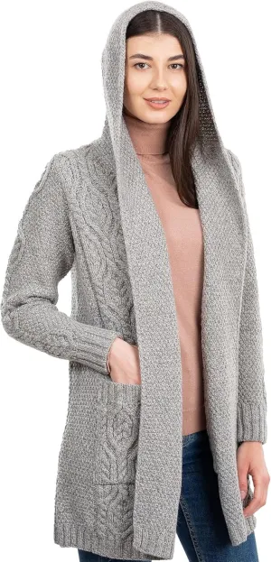 SAOL 100% Merino Wool Ladies Irish Classic Fit Long Cardigan with Hood