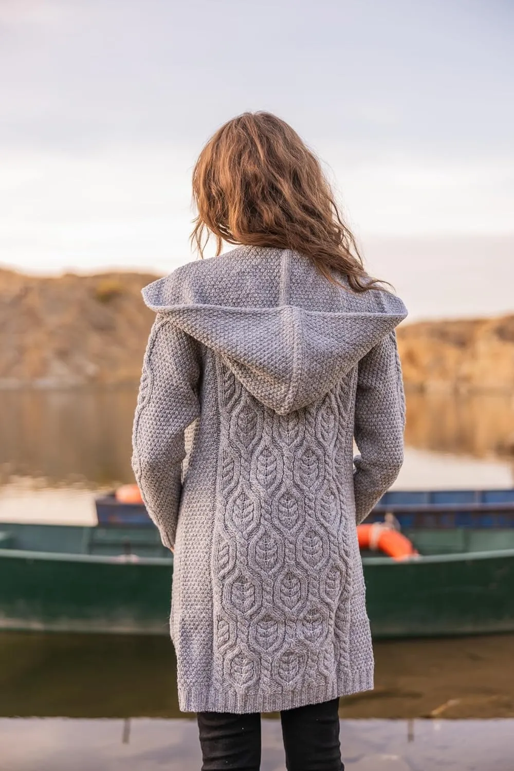 SAOL 100% Merino Wool Ladies Irish Classic Fit Long Cardigan with Hood