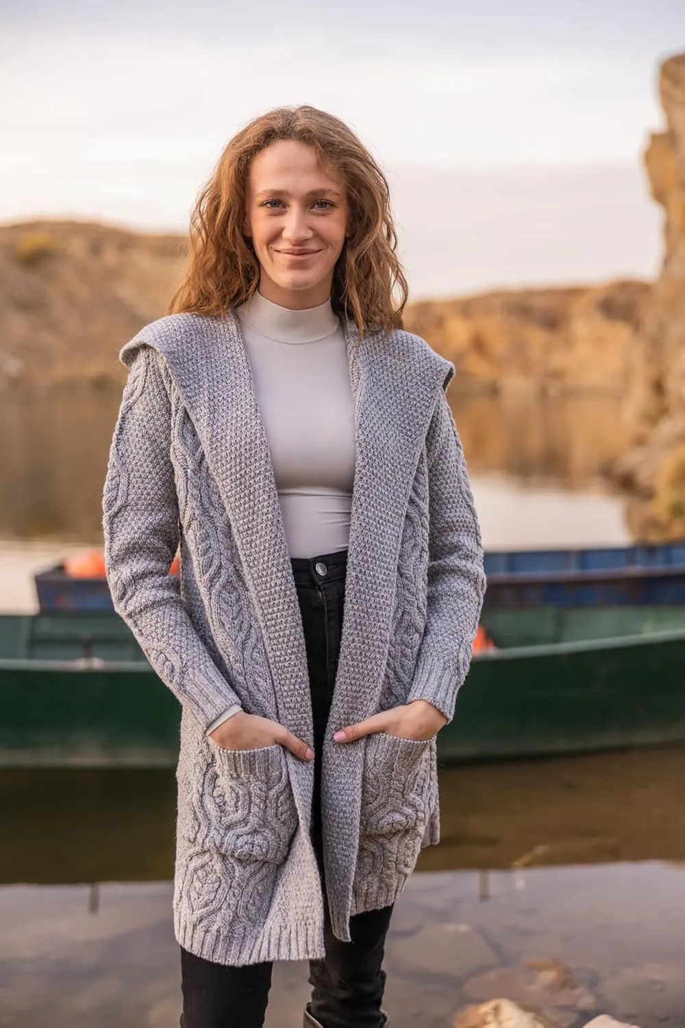 SAOL 100% Merino Wool Ladies Irish Classic Fit Long Cardigan with Hood