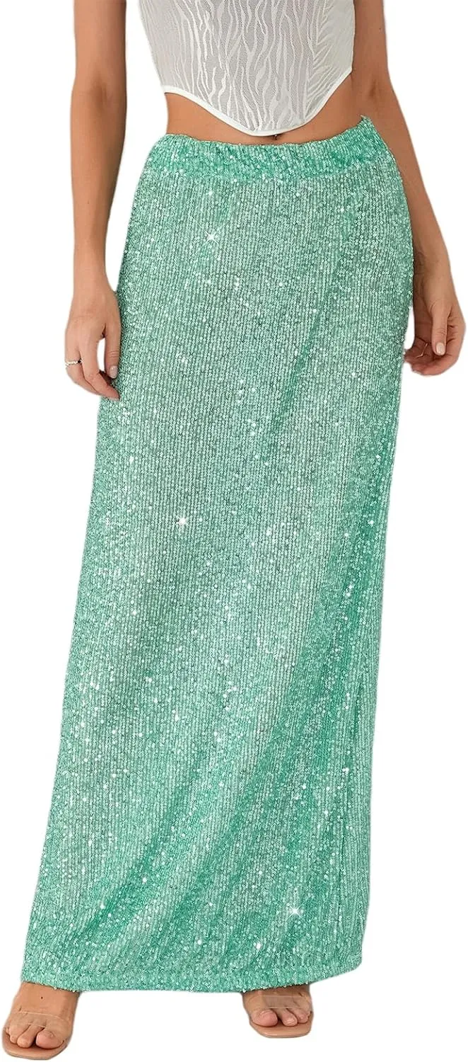 Sequin Skirt for Women Low Waist Disco Dresses Skirt Sparkle Glitter Party Night Mermaid Flowy Long Maxi Skirt