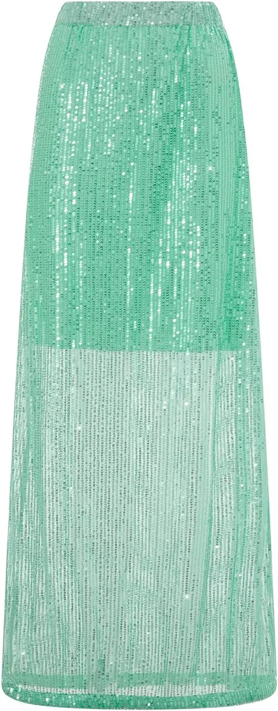 Sequin Skirt for Women Low Waist Disco Dresses Skirt Sparkle Glitter Party Night Mermaid Flowy Long Maxi Skirt