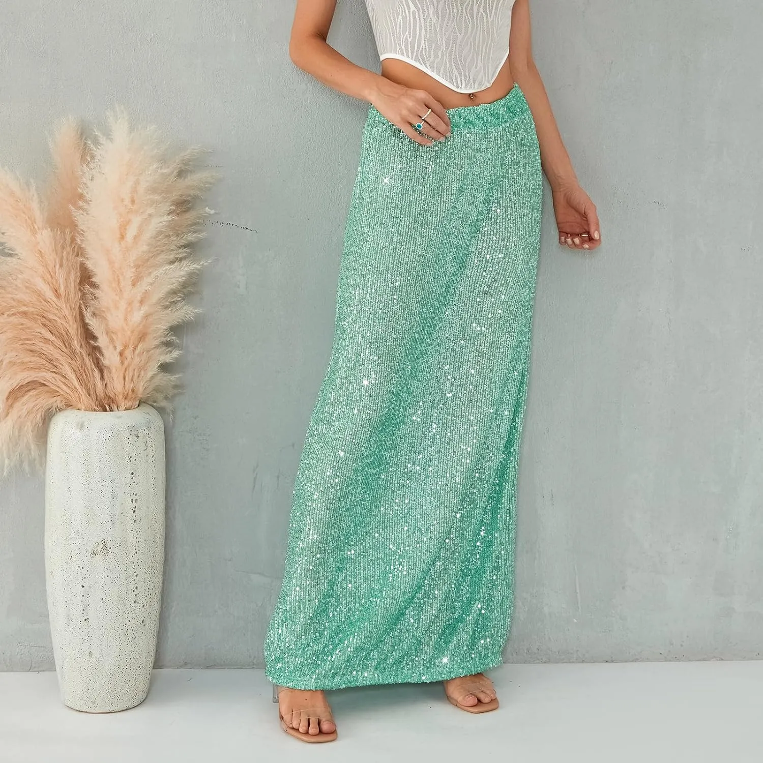 Sequin Skirt for Women Low Waist Disco Dresses Skirt Sparkle Glitter Party Night Mermaid Flowy Long Maxi Skirt