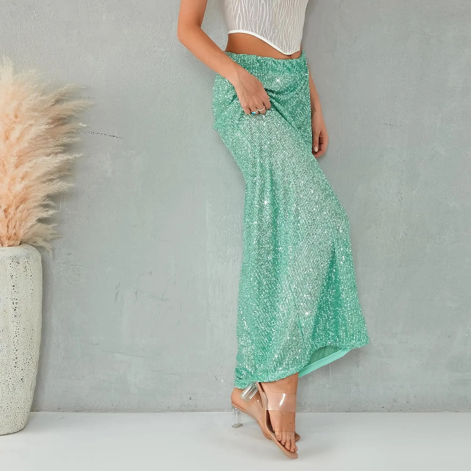 Sequin Skirt for Women Low Waist Disco Dresses Skirt Sparkle Glitter Party Night Mermaid Flowy Long Maxi Skirt