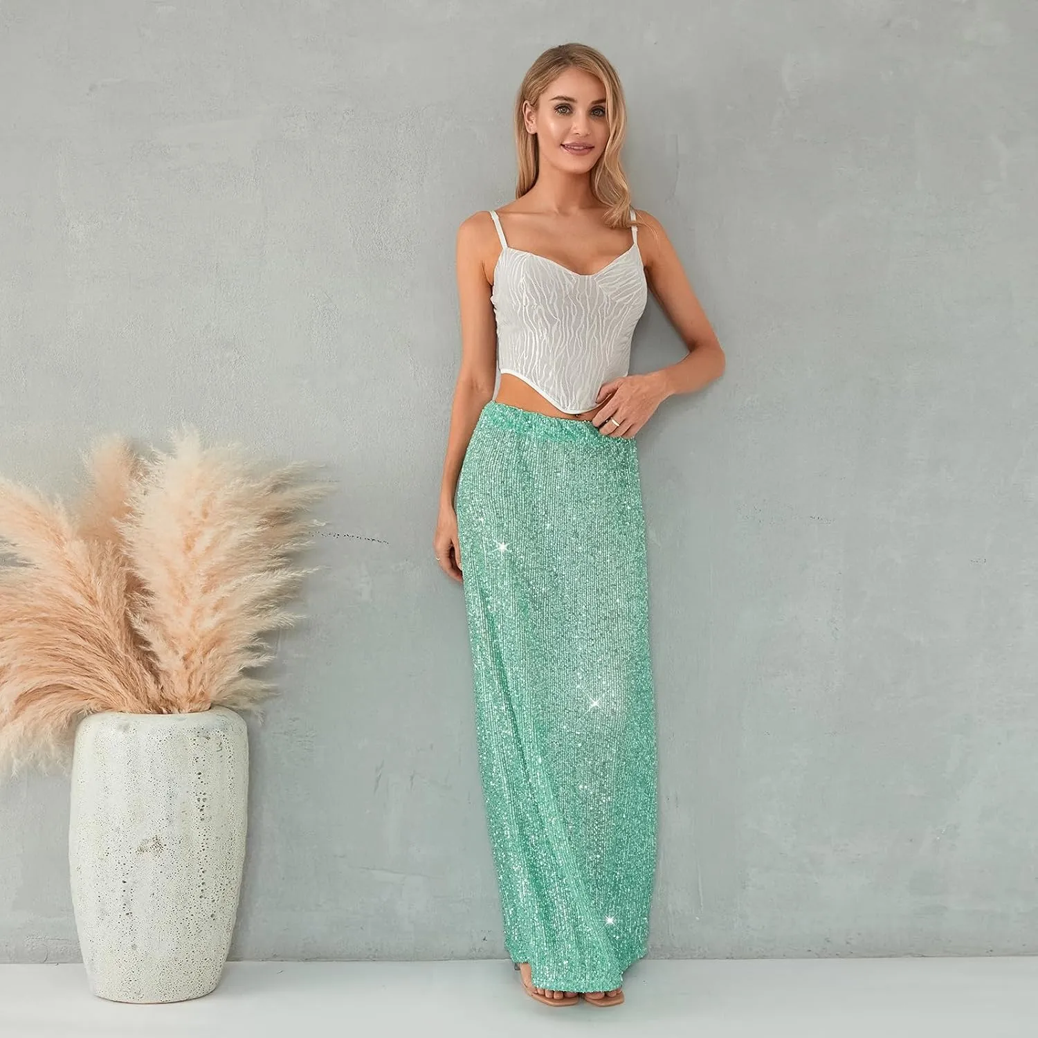 Sequin Skirt for Women Low Waist Disco Dresses Skirt Sparkle Glitter Party Night Mermaid Flowy Long Maxi Skirt