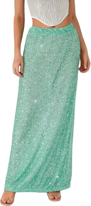Sequin Skirt for Women Low Waist Disco Dresses Skirt Sparkle Glitter Party Night Mermaid Flowy Long Maxi Skirt