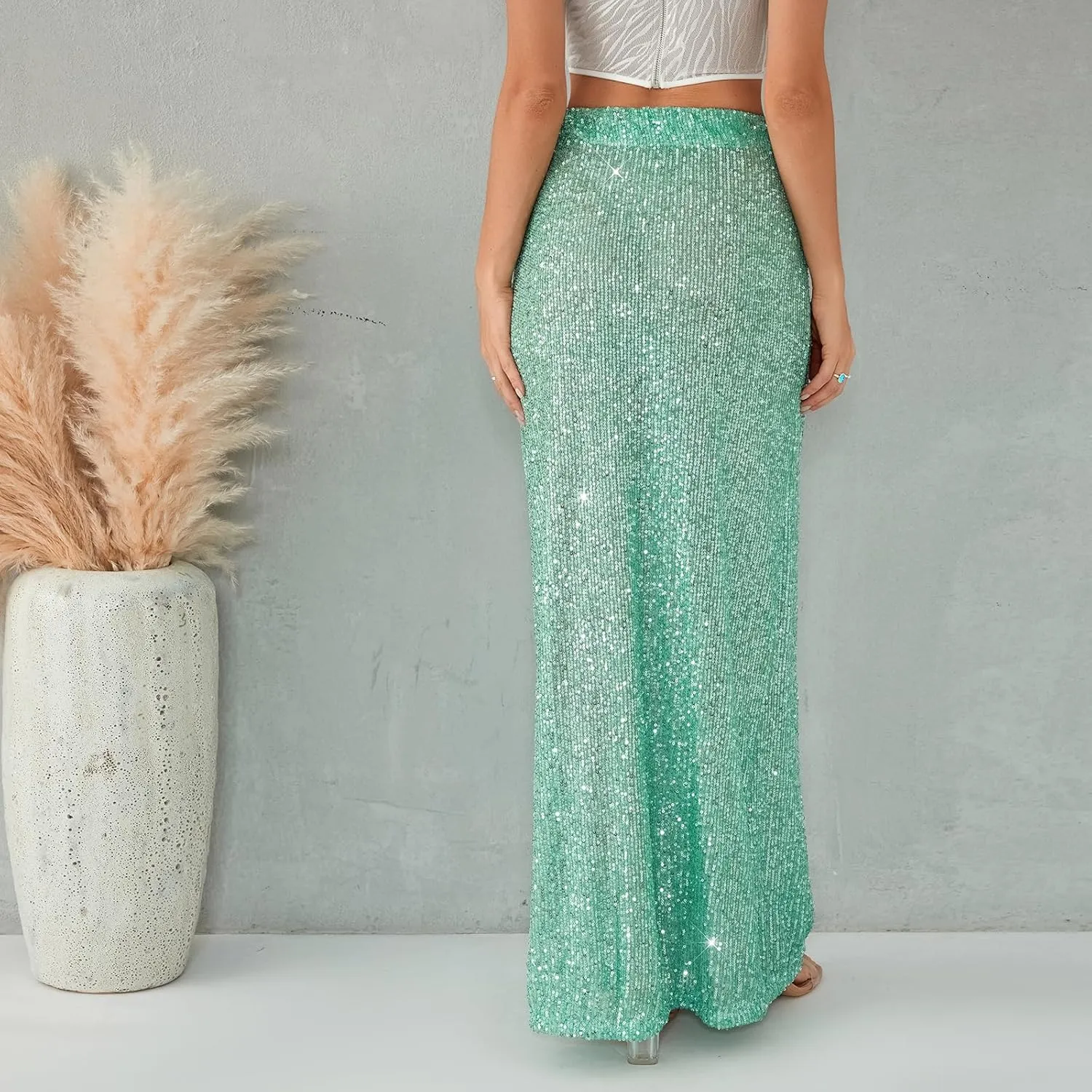 Sequin Skirt for Women Low Waist Disco Dresses Skirt Sparkle Glitter Party Night Mermaid Flowy Long Maxi Skirt