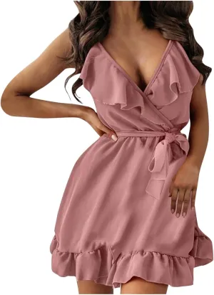 Sexy Mini Dresses for Women Spaghetti Straps Ruffle Swing Dress Deep V Neck Sleeveless Wrap Tie Waist Party Dresses