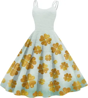 Shamrock Dress Women Cute Off Shoulder Sleeveless Vintage Midi Swing St Patricks Day Print A-Line Dresses
