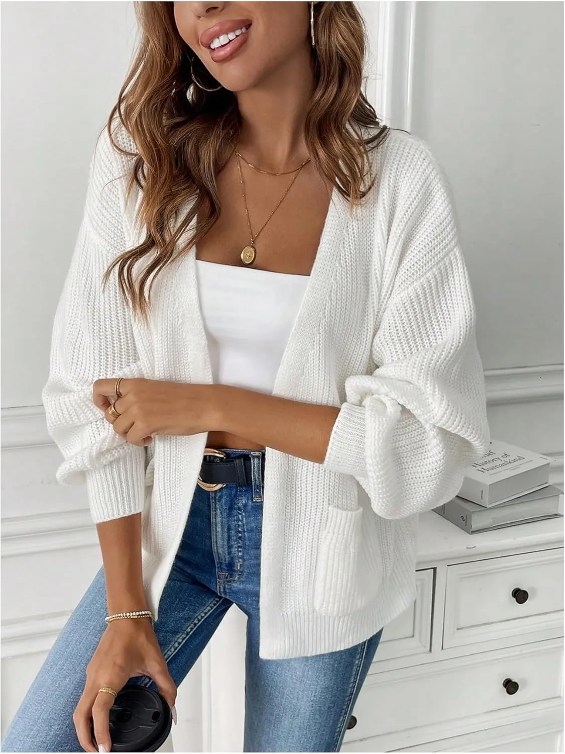 SHENHE Women's Drop Shoulder Long Sleeve Cardigan Sweater Open Front Knitwear with Pockets Outwear