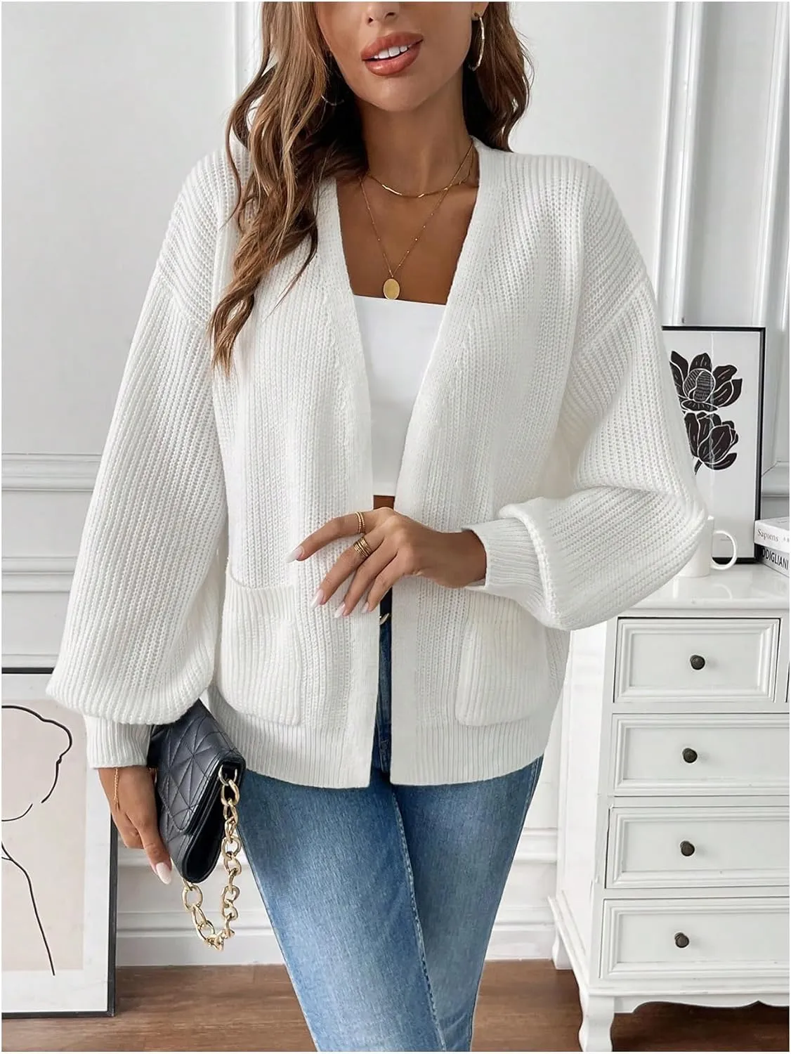 SHENHE Women's Drop Shoulder Long Sleeve Cardigan Sweater Open Front Knitwear with Pockets Outwear