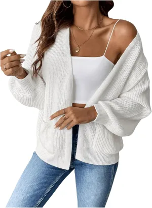 SHENHE Women's Drop Shoulder Long Sleeve Cardigan Sweater Open Front Knitwear with Pockets Outwear