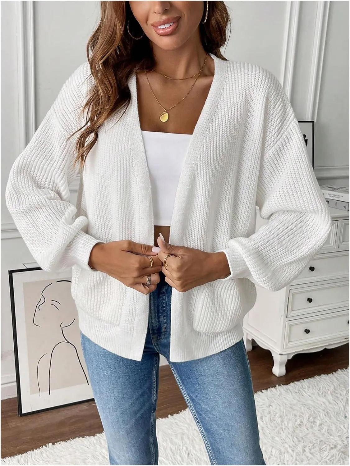 SHENHE Women's Drop Shoulder Long Sleeve Cardigan Sweater Open Front Knitwear with Pockets Outwear