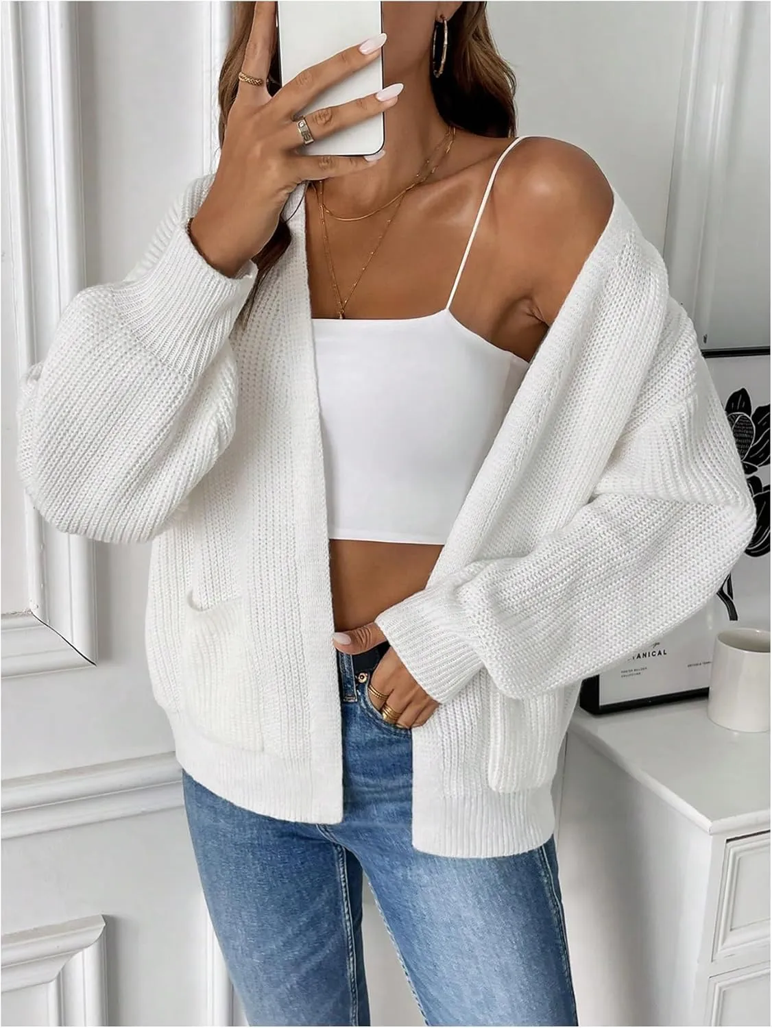 SHENHE Women's Drop Shoulder Long Sleeve Cardigan Sweater Open Front Knitwear with Pockets Outwear