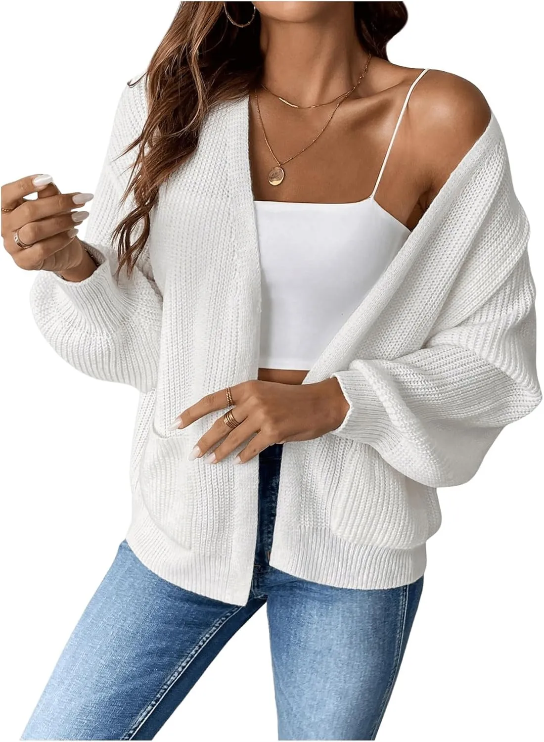 SHENHE Women's Drop Shoulder Long Sleeve Cardigan Sweater Open Front Knitwear with Pockets Outwear