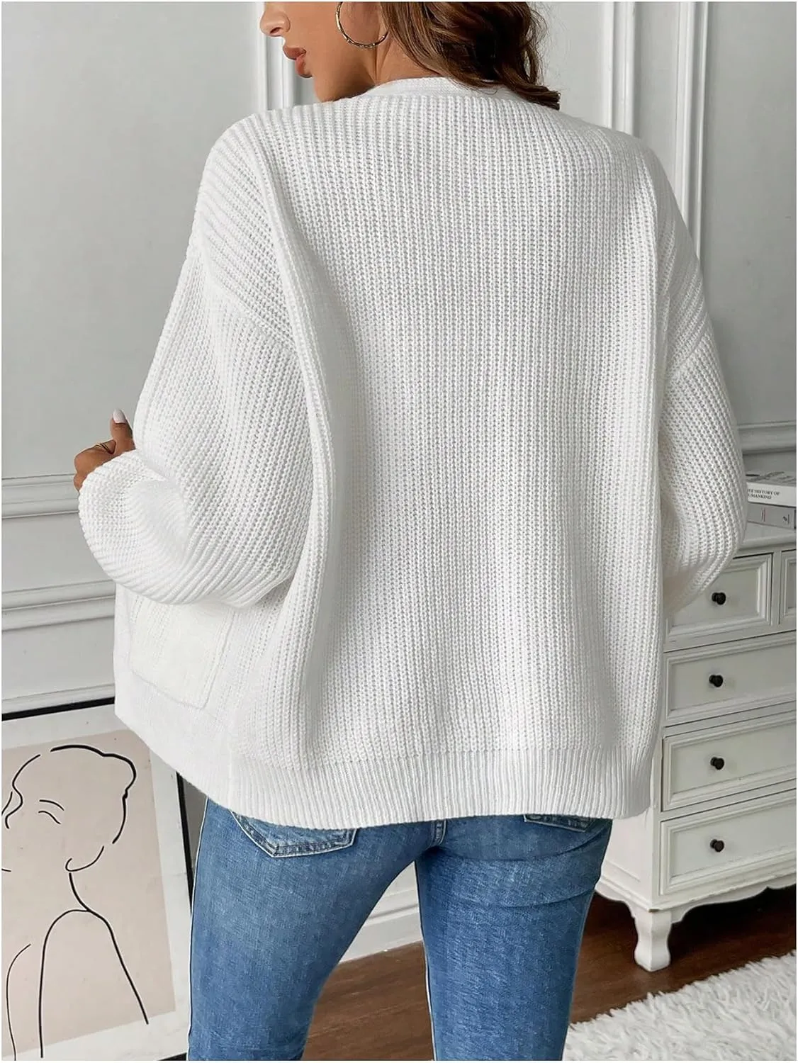 SHENHE Women's Drop Shoulder Long Sleeve Cardigan Sweater Open Front Knitwear with Pockets Outwear