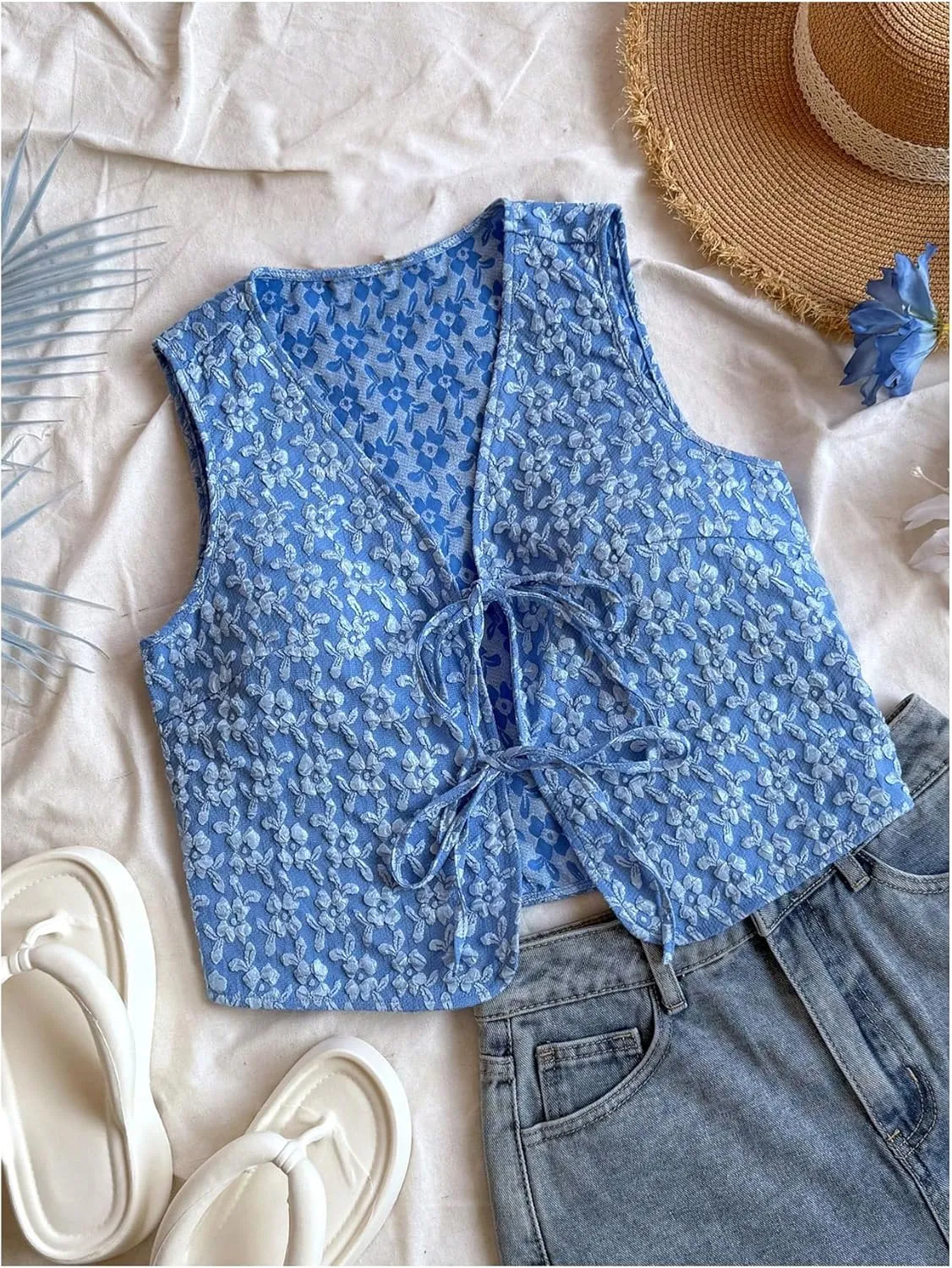 SHENHE Women's Tie Front Textured Floral Tank Top V Neck Sleeveless Casual Boho Vest