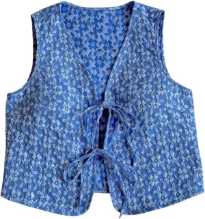 SHENHE Women's Tie Front Textured Floral Tank Top V Neck Sleeveless Casual Boho Vest