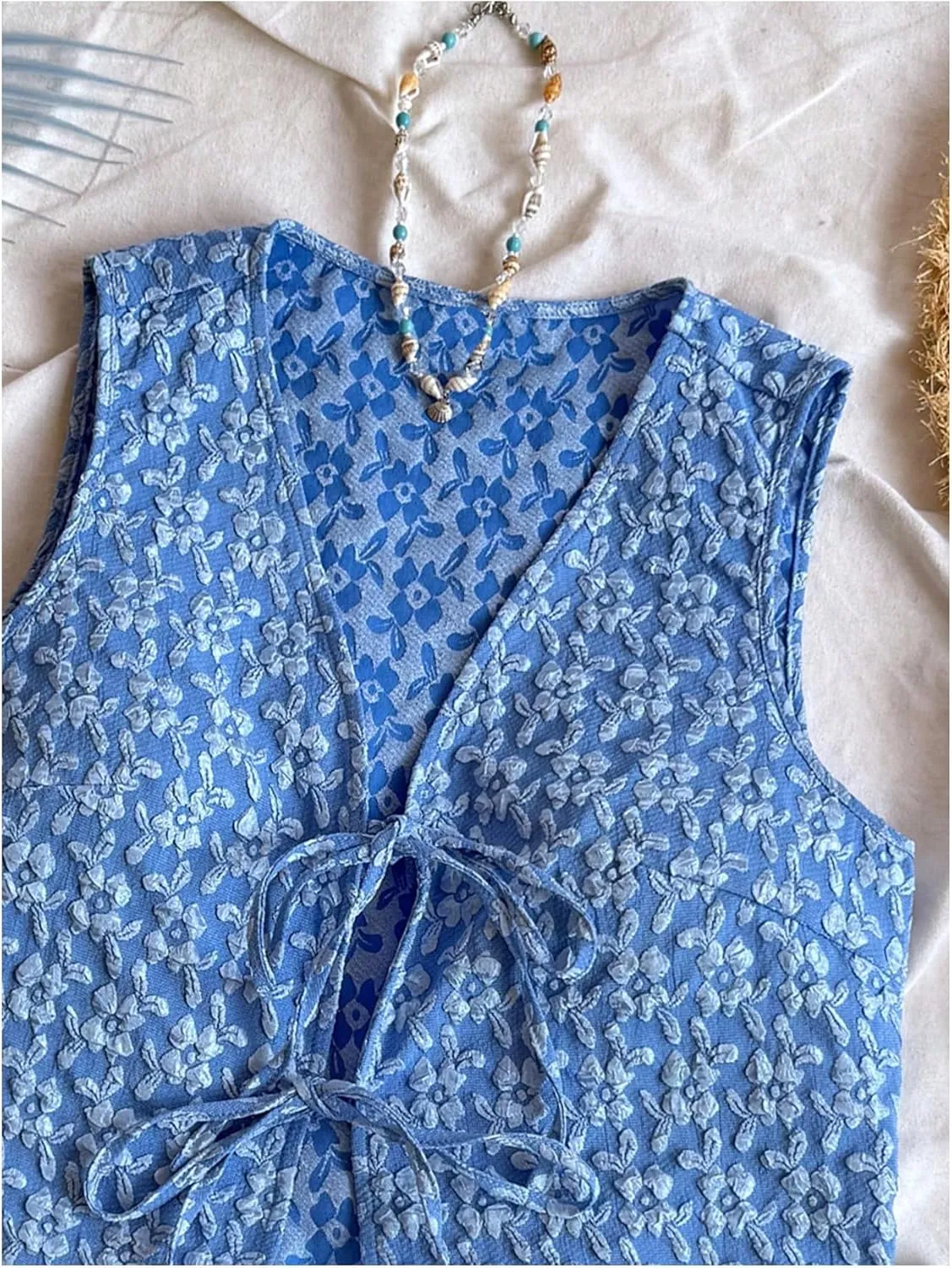 SHENHE Women's Tie Front Textured Floral Tank Top V Neck Sleeveless Casual Boho Vest