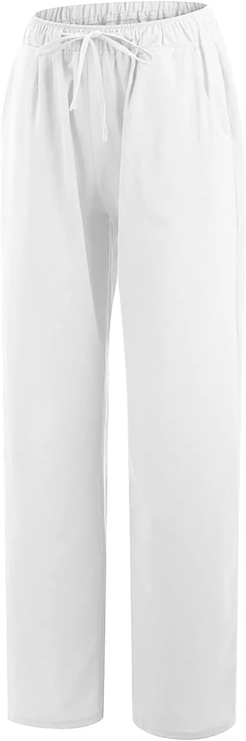 SHOPESSA Wide Leg Linen Pants for Women Soft Casual Drawstring Tie Elastic Waist Loose Pants Summer Beach Pockets Trousers