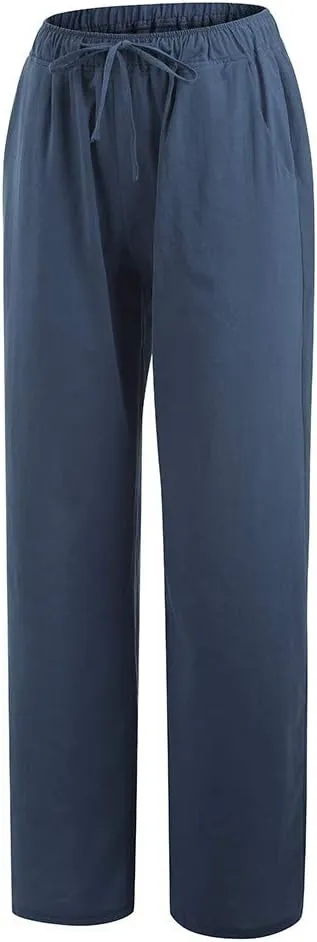 SHOPESSA Wide Leg Linen Pants for Women Soft Casual Drawstring Tie Elastic Waist Loose Pants Summer Beach Pockets Trousers