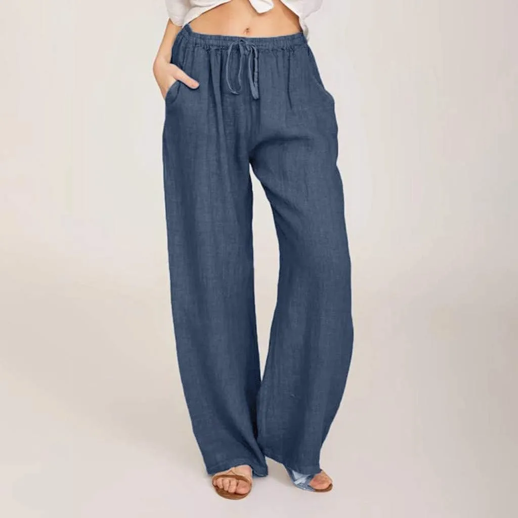 SHOPESSA Wide Leg Linen Pants for Women Soft Casual Drawstring Tie Elastic Waist Loose Pants Summer Beach Pockets Trousers