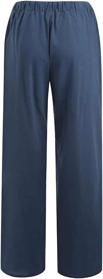 SHOPESSA Wide Leg Linen Pants for Women Soft Casual Drawstring Tie Elastic Waist Loose Pants Summer Beach Pockets Trousers