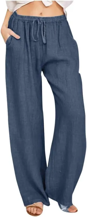 SHOPESSA Wide Leg Linen Pants for Women Soft Casual Drawstring Tie Elastic Waist Loose Pants Summer Beach Pockets Trousers