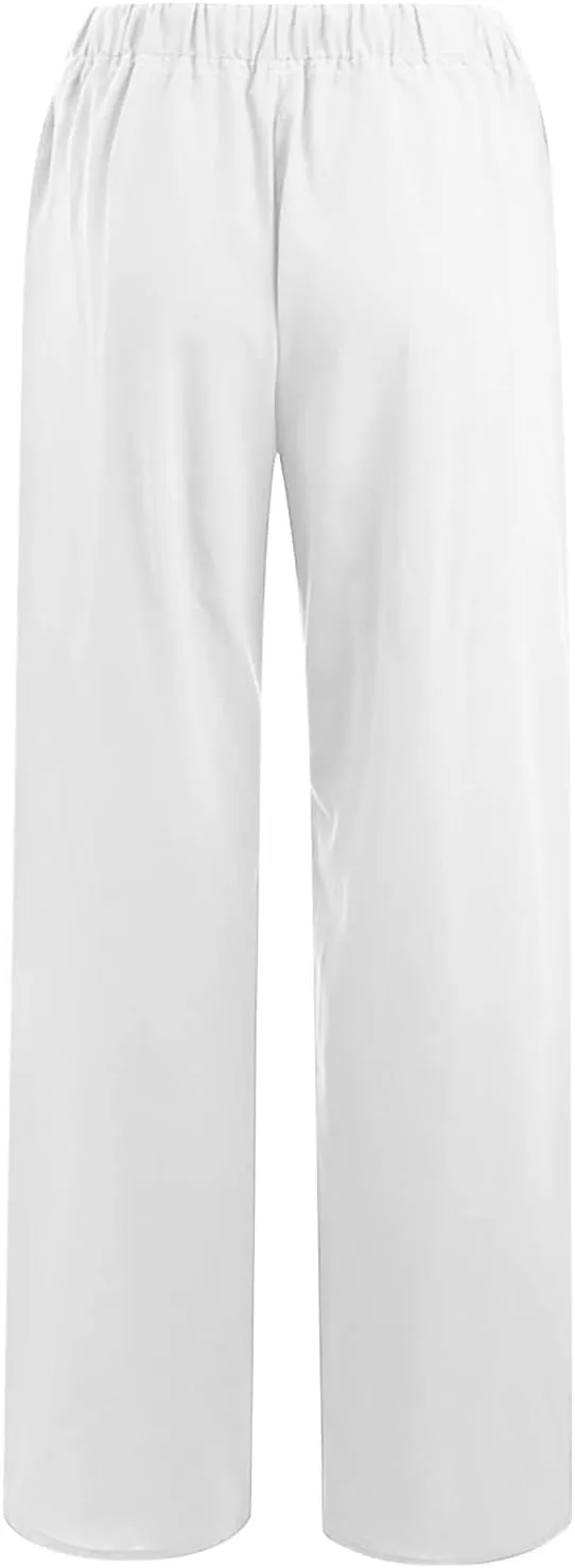 SHOPESSA Wide Leg Linen Pants for Women Soft Casual Drawstring Tie Elastic Waist Loose Pants Summer Beach Pockets Trousers