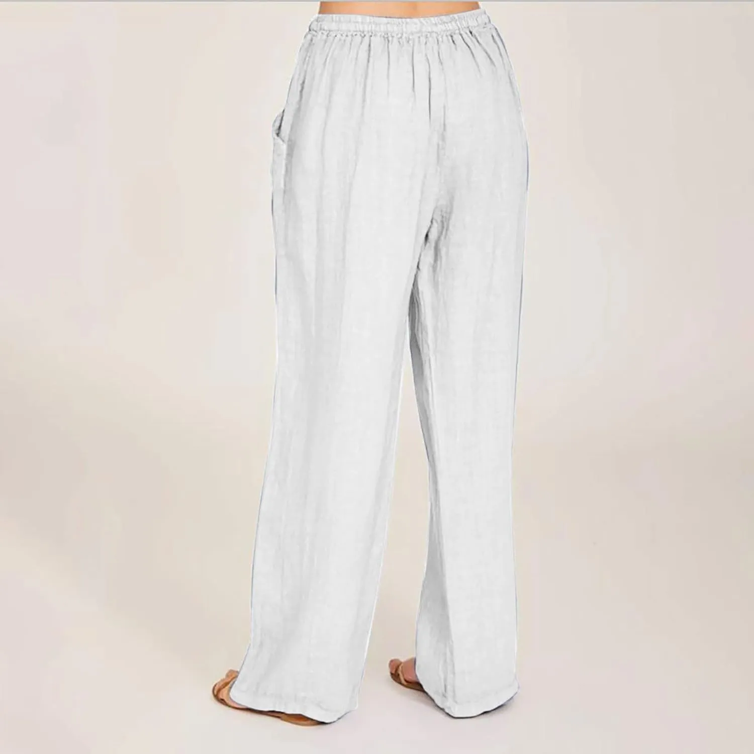 SHOPESSA Wide Leg Linen Pants for Women Soft Casual Drawstring Tie Elastic Waist Loose Pants Summer Beach Pockets Trousers