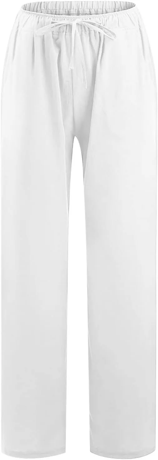 SHOPESSA Wide Leg Linen Pants for Women Soft Casual Drawstring Tie Elastic Waist Loose Pants Summer Beach Pockets Trousers