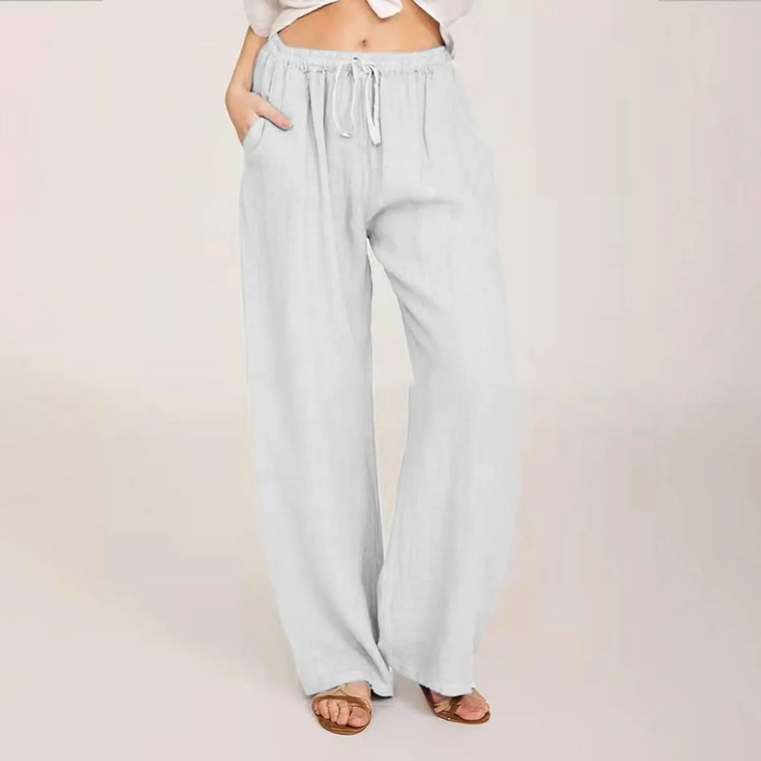 SHOPESSA Wide Leg Linen Pants for Women Soft Casual Drawstring Tie Elastic Waist Loose Pants Summer Beach Pockets Trousers