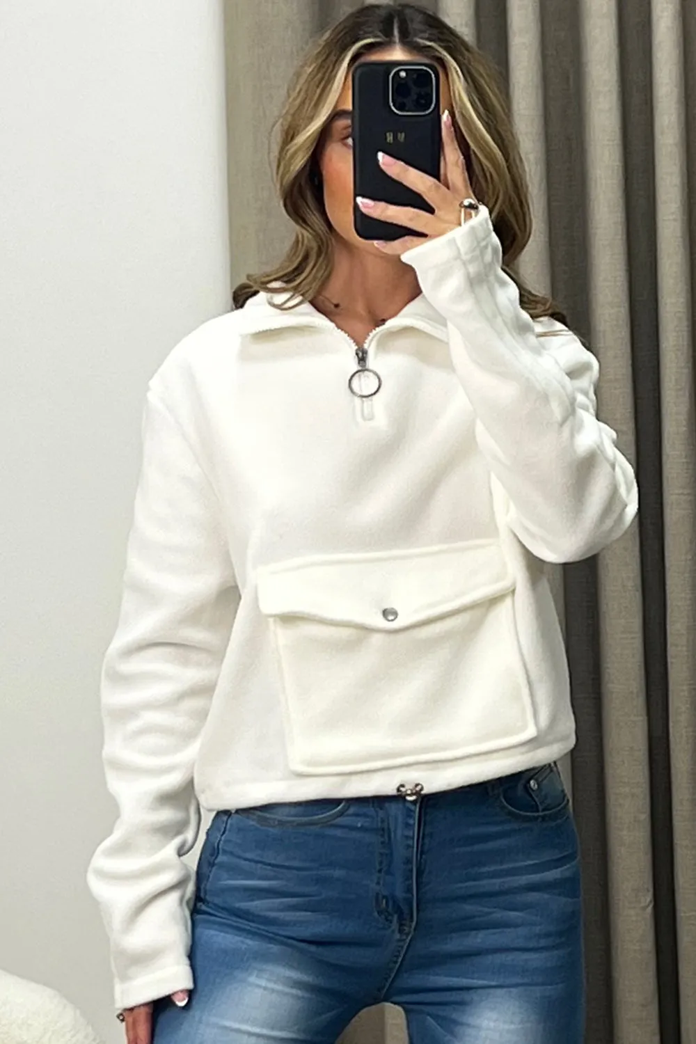 Siobhan Cream Half Zip Pocket Detail Fleece Sweatshirt