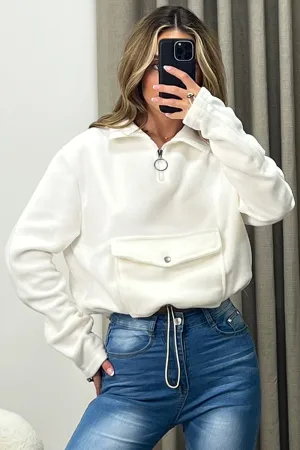 Siobhan Cream Half Zip Pocket Detail Fleece Sweatshirt