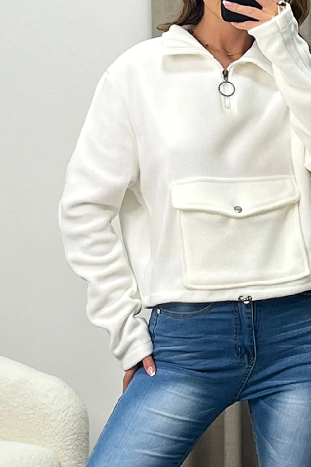 Siobhan Cream Half Zip Pocket Detail Fleece Sweatshirt