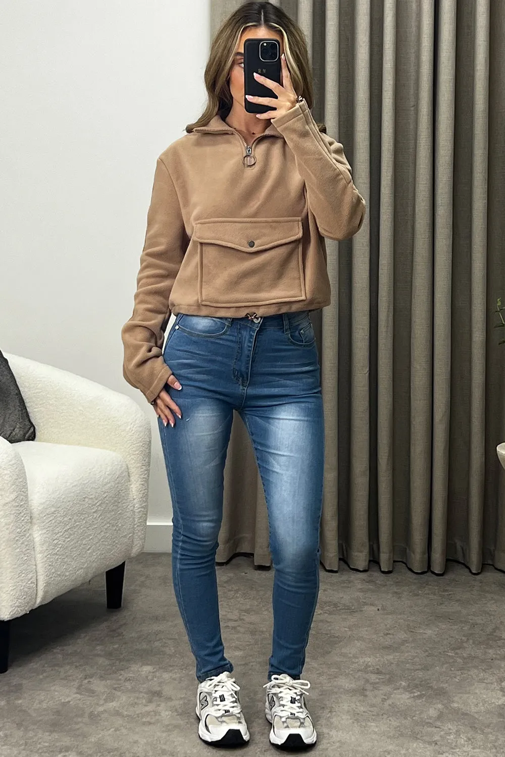 Siobhan Dark Beige Half Zip Pocket Detail Fleece Sweatshirt