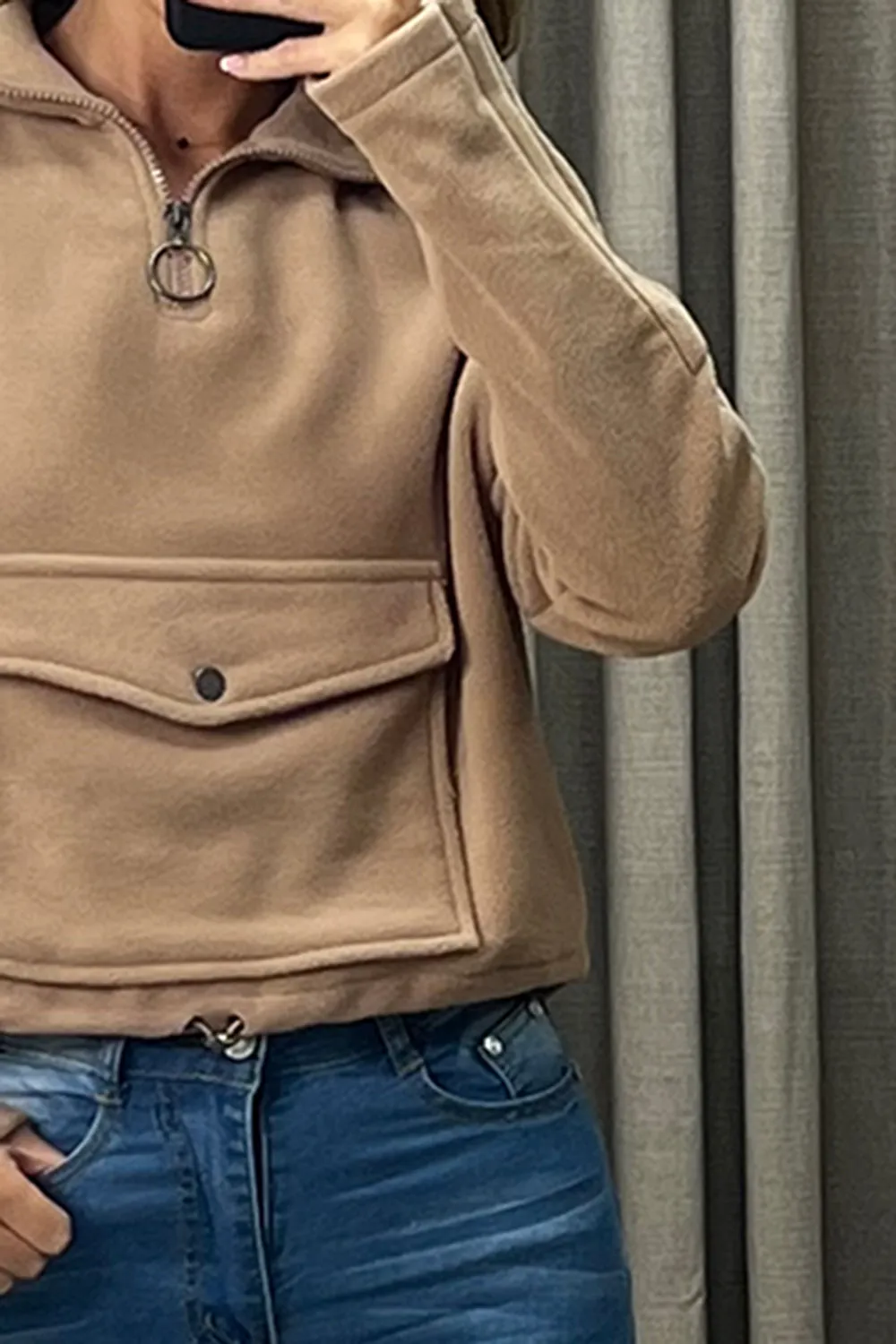 Siobhan Dark Beige Half Zip Pocket Detail Fleece Sweatshirt