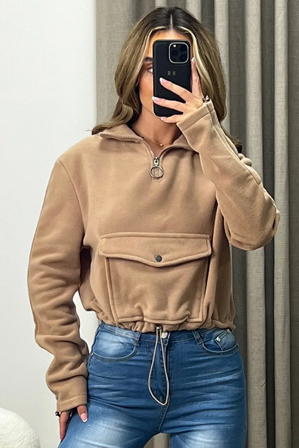 Siobhan Dark Beige Half Zip Pocket Detail Fleece Sweatshirt