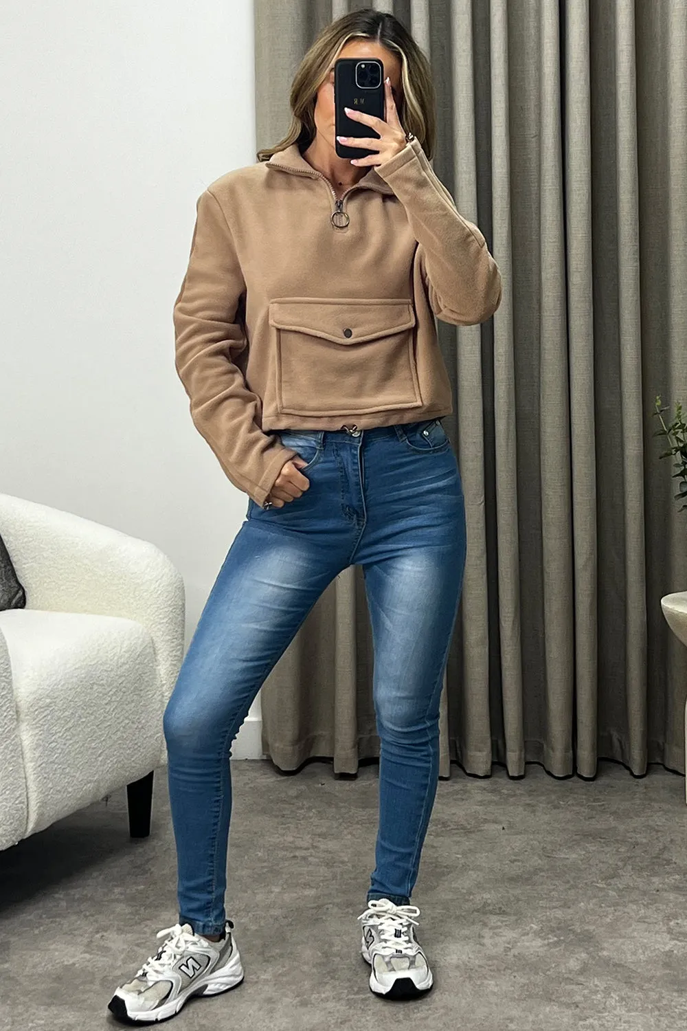 Siobhan Dark Beige Half Zip Pocket Detail Fleece Sweatshirt