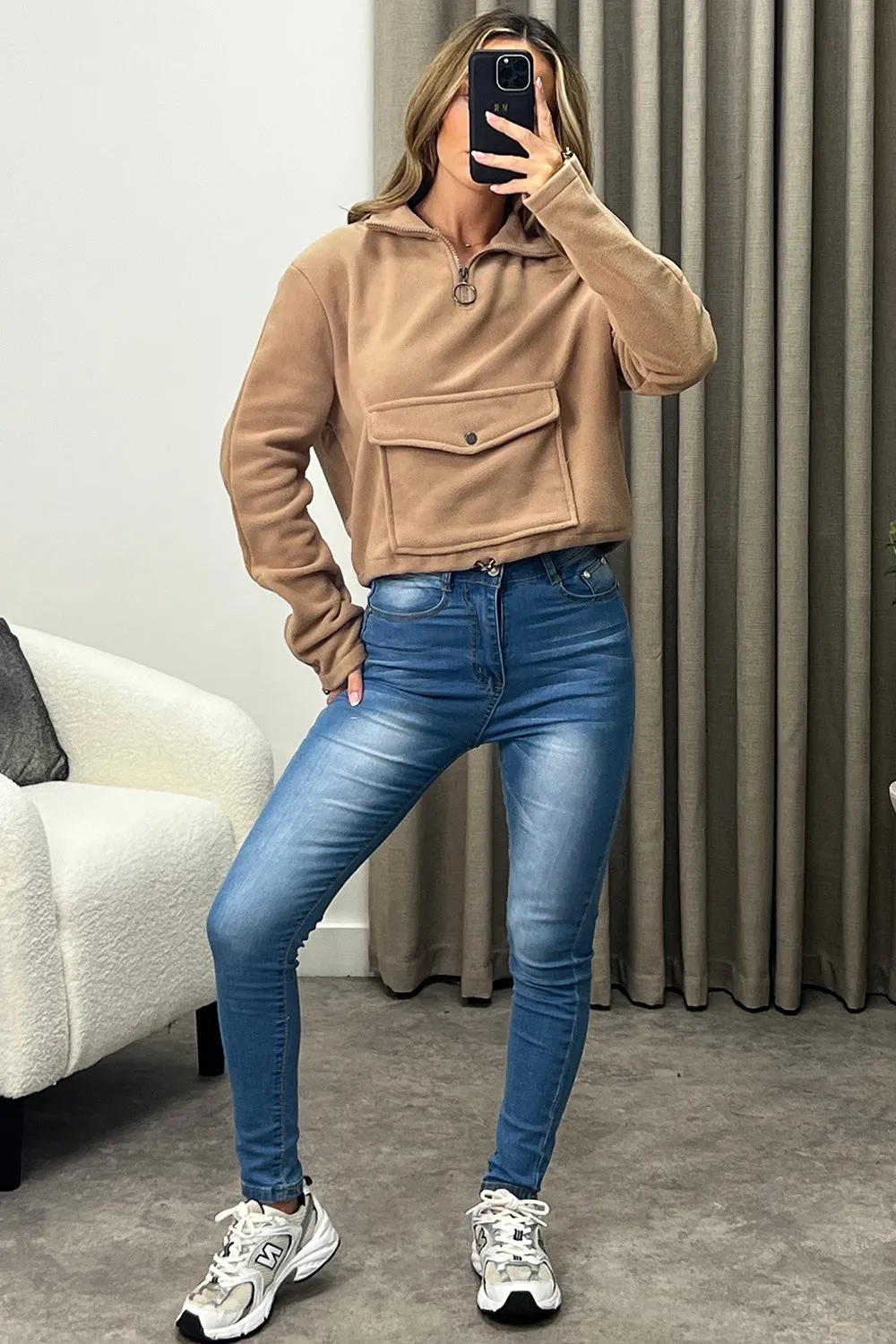 Siobhan Dark Beige Half Zip Pocket Detail Fleece Sweatshirt