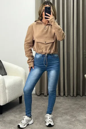 Siobhan Dark Beige Half Zip Pocket Detail Fleece Sweatshirt