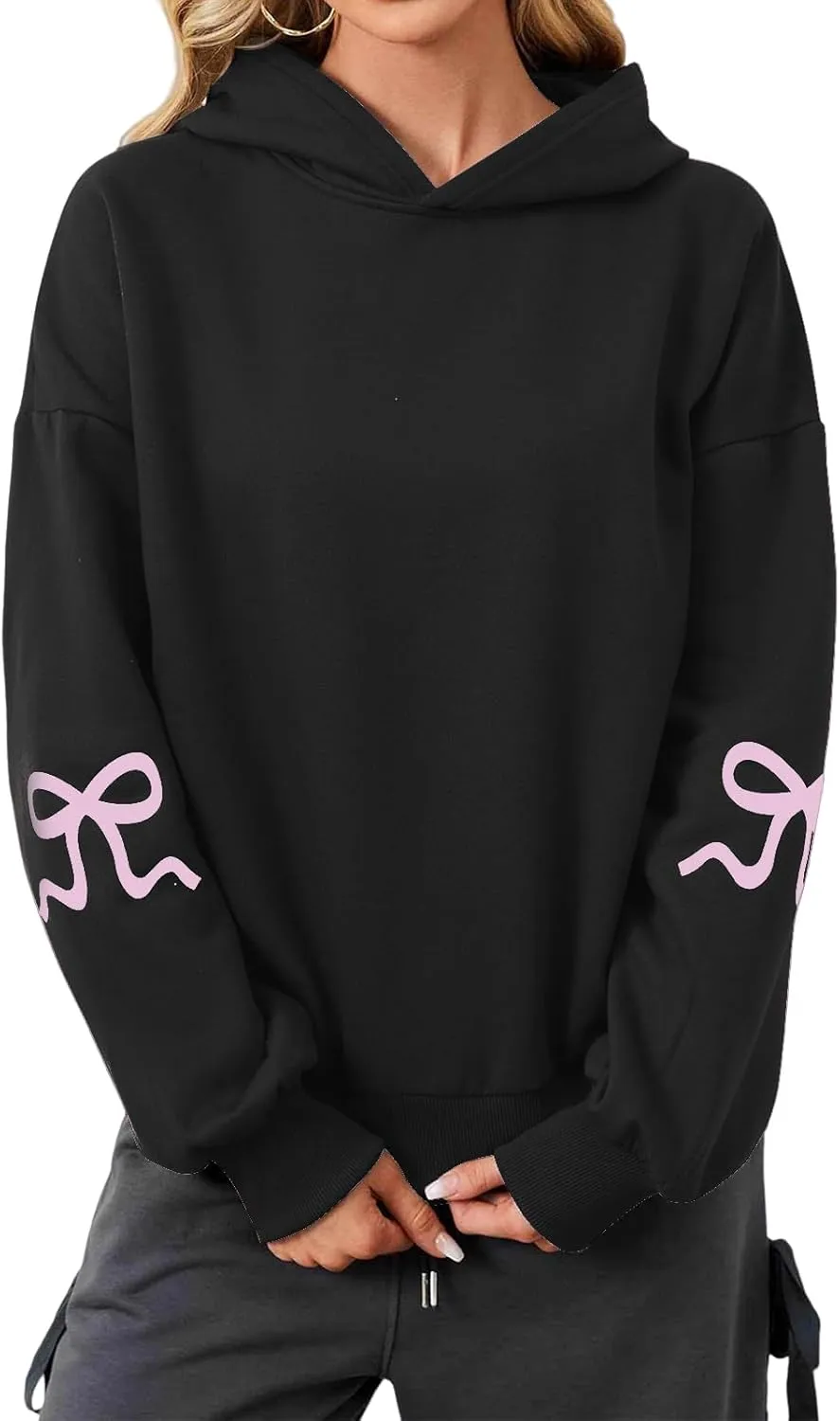 Smoneyful Womens Cute Bow Trim Print Hoodies Long Sleeve Fleeced Trendy Hooded Sweatshirts Oversized Pullover Tops