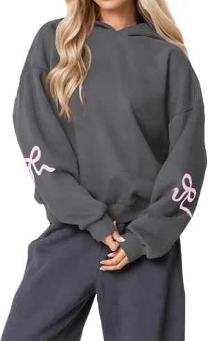 Smoneyful Womens Cute Bow Trim Print Hoodies Long Sleeve Fleeced Trendy Hooded Sweatshirts Oversized Pullover Tops