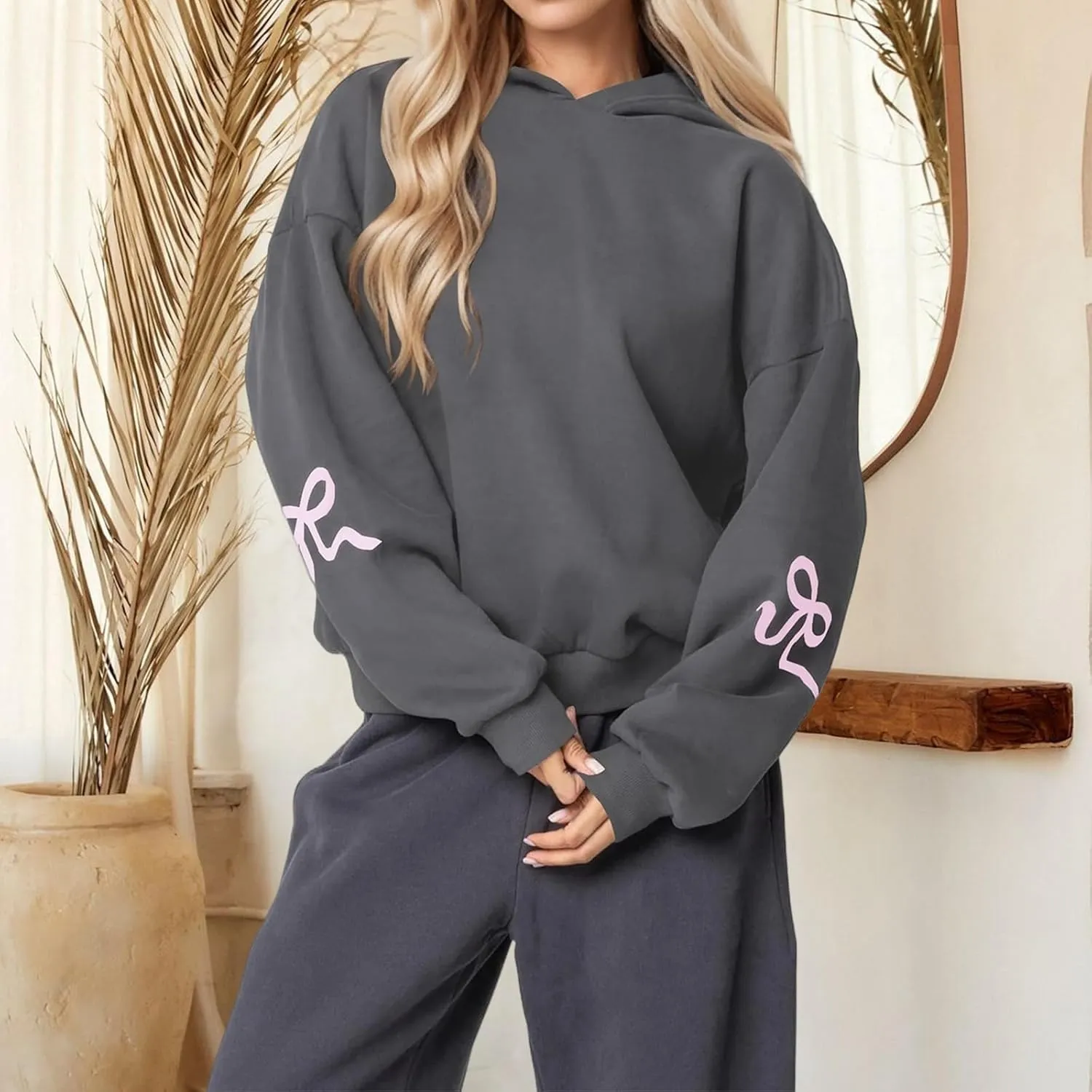 Smoneyful Womens Cute Bow Trim Print Hoodies Long Sleeve Fleeced Trendy Hooded Sweatshirts Oversized Pullover Tops