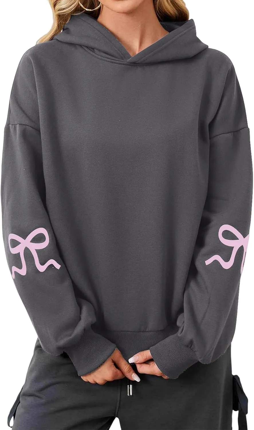 Smoneyful Womens Cute Bow Trim Print Hoodies Long Sleeve Fleeced Trendy Hooded Sweatshirts Oversized Pullover Tops