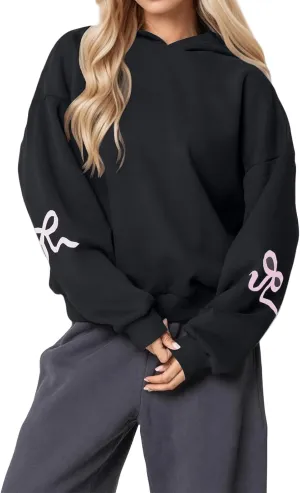 Smoneyful Womens Cute Bow Trim Print Hoodies Long Sleeve Fleeced Trendy Hooded Sweatshirts Oversized Pullover Tops